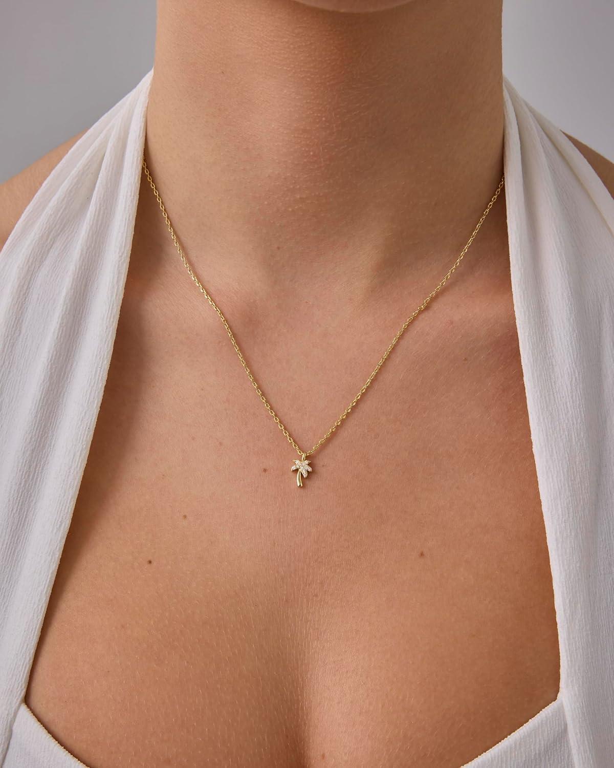 imagePAVOI 14K Gold Plated Dainty Cubic Zirconia Pendant Necklace for Women Dot Elephant Butterfly Pineapple Lock Knot Palm Tree Bow Smiley Pendant Layering Chain NecklacesYellow Gold