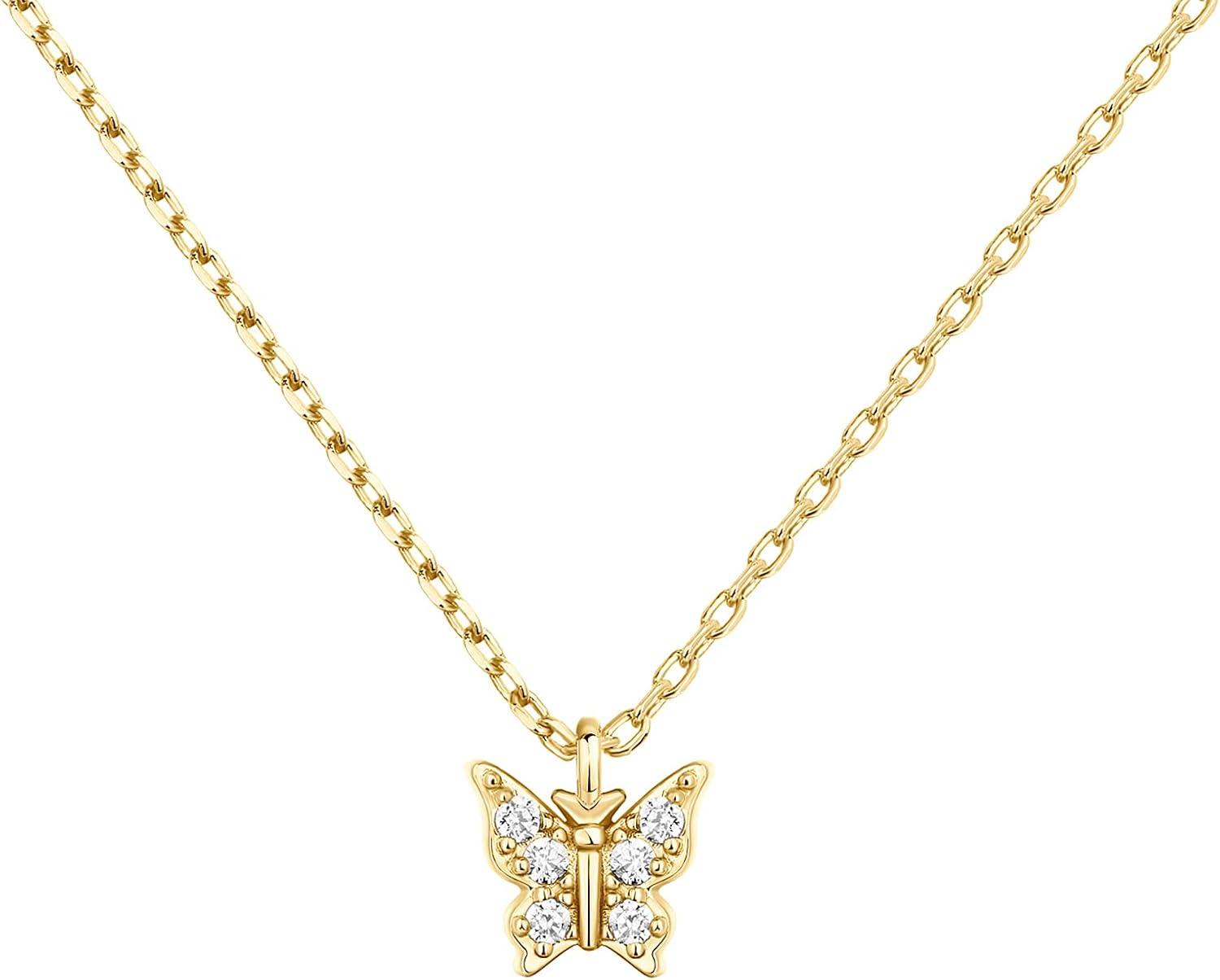 imagePAVOI 14K Gold Plated Dainty Cubic Zirconia Pendant Necklace for Women Dot Elephant Butterfly Pineapple Lock Knot Palm Tree Bow Smiley Pendant Layering Chain NecklacesYellow Gold