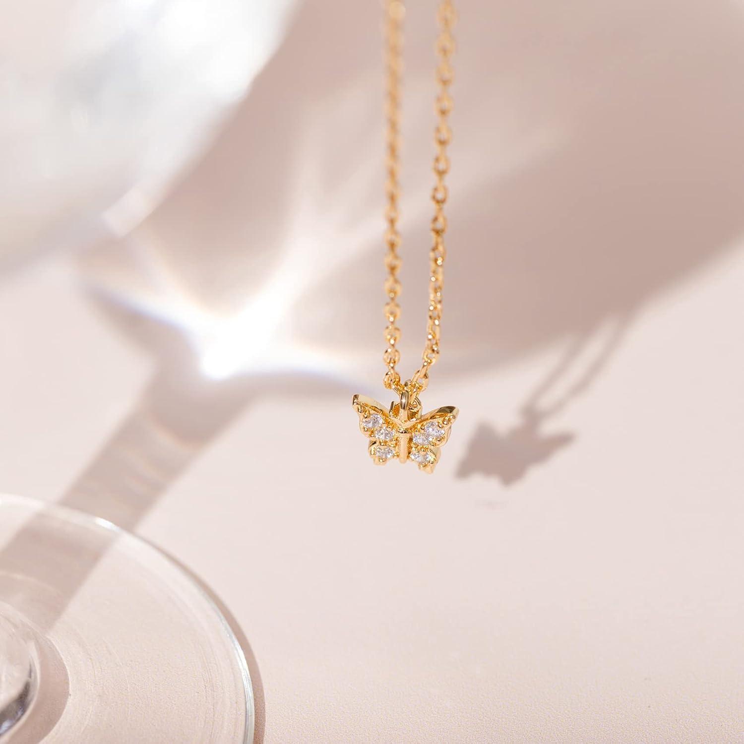 imagePAVOI 14K Gold Plated Dainty Cubic Zirconia Pendant Necklace for Women Dot Elephant Butterfly Pineapple Lock Knot Palm Tree Bow Smiley Pendant Layering Chain NecklacesYellow Gold