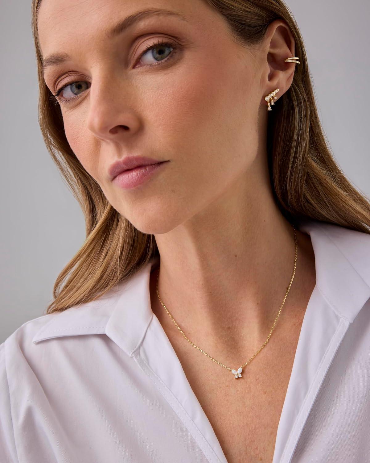imagePAVOI 14K Gold Plated Opal Pendant Necklaces for Women Created Opal Cubic Zirconia Dainty Necklace Butterfly Round Triangle Antler Bar PendantsYellow Gold