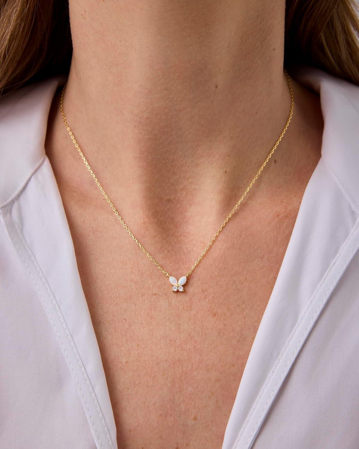 imagePAVOI 14K Gold Plated Opal Pendant Necklaces for Women Created Opal Cubic Zirconia Dainty Necklace Butterfly Round Triangle Antler Bar PendantsYellow Gold