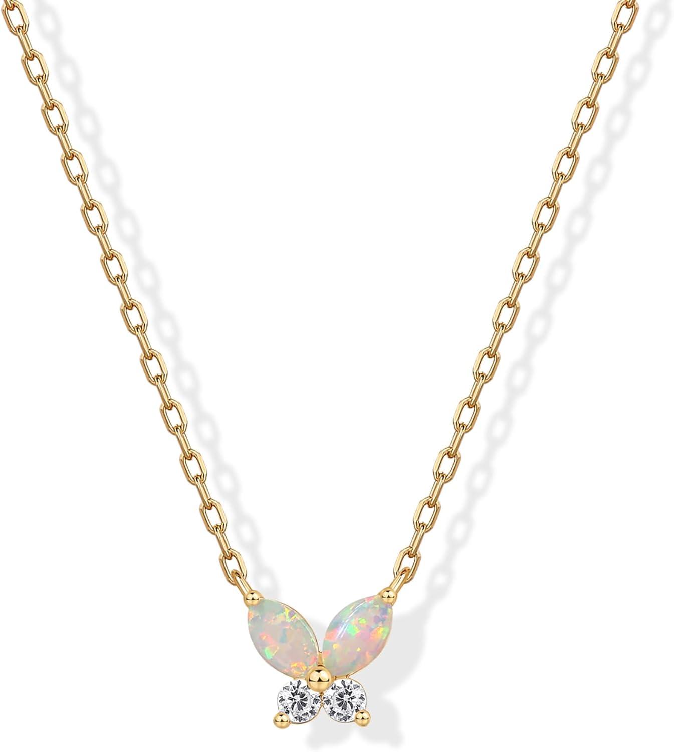 imagePAVOI 14K Gold Plated Opal Pendant Necklaces for Women Created Opal Cubic Zirconia Dainty Necklace Butterfly Round Triangle Antler Bar PendantsYellow Gold