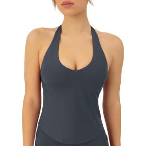 PAVOI ACTIVE Workout Halter Tops for Women Built in Bra – Low Support V Neck Backless Sports Tank Top Shelf Bra – HiPerform(Thunder)