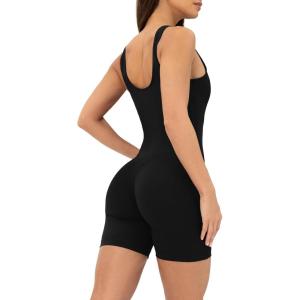 PAVOI ACTIVE Workout One-Piece for Women – Square Neck Gym Bodysuit Built-In Shelf Bra 5″ Romper Jumpsuit Shorts – HiPerform(Black)