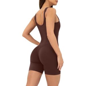 PAVOI ACTIVE Workout One-Piece for Women – Square Neck Gym Bodysuit Built-In Shelf Bra 5″ Romper Jumpsuit Shorts – HiPerform(Cocoa)