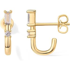 PAVOI 18K Gold Plated 925 Sterling Silver Posts Cubic Zirconia Half Huggie Earrings | Small Hoop Earrings for Women | Constellation Baguette CZ Dainty Stud Cuff Earring(Yellow Gold)