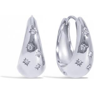 PAVOI Waterproof Gold Hoop Earrings for Women – Rhodium Plated Chunky Huggie Hoop Earrings with Cubic Zirconia Starburst – Stainless Steel Trendy Summer Fashion Jewelry – White(White Gold)