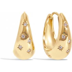 PAVOI Waterproof Gold Hoop Earrings for Women – Rhodium Plated Chunky Huggie Hoop Earrings with Cubic Zirconia Starburst – Stainless Steel Trendy Summer Fashion Jewelry – White(Yellow Gold)